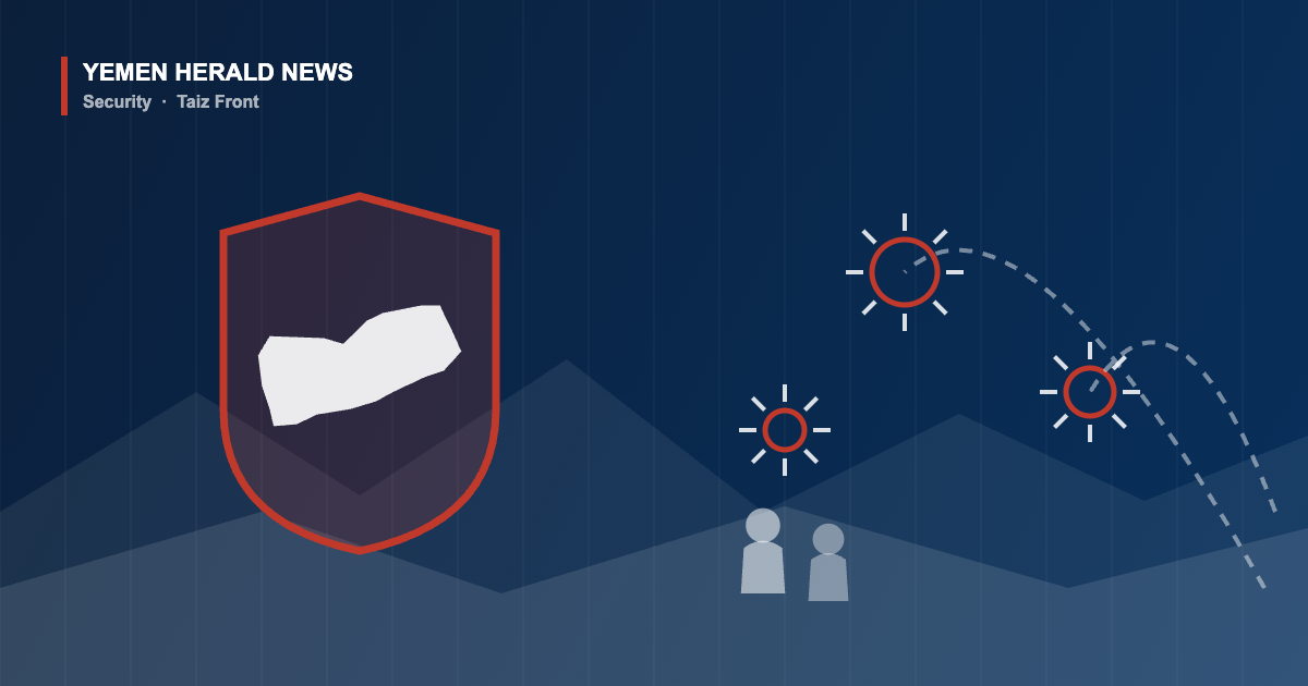 Illustration of a shield containing an outline of Yemen beside mountain ridges and impact bursts, representing clashes on the al-Barh front in Taiz