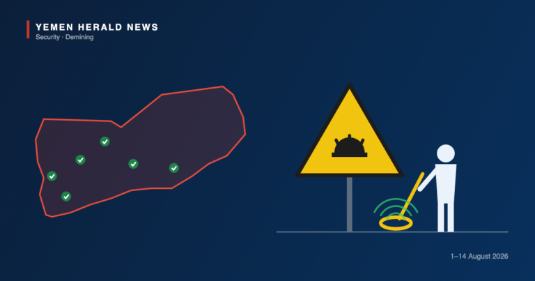 Illustration of Yemen with cleared-area markers, a landmine warning sign and a deminer using a metal detector