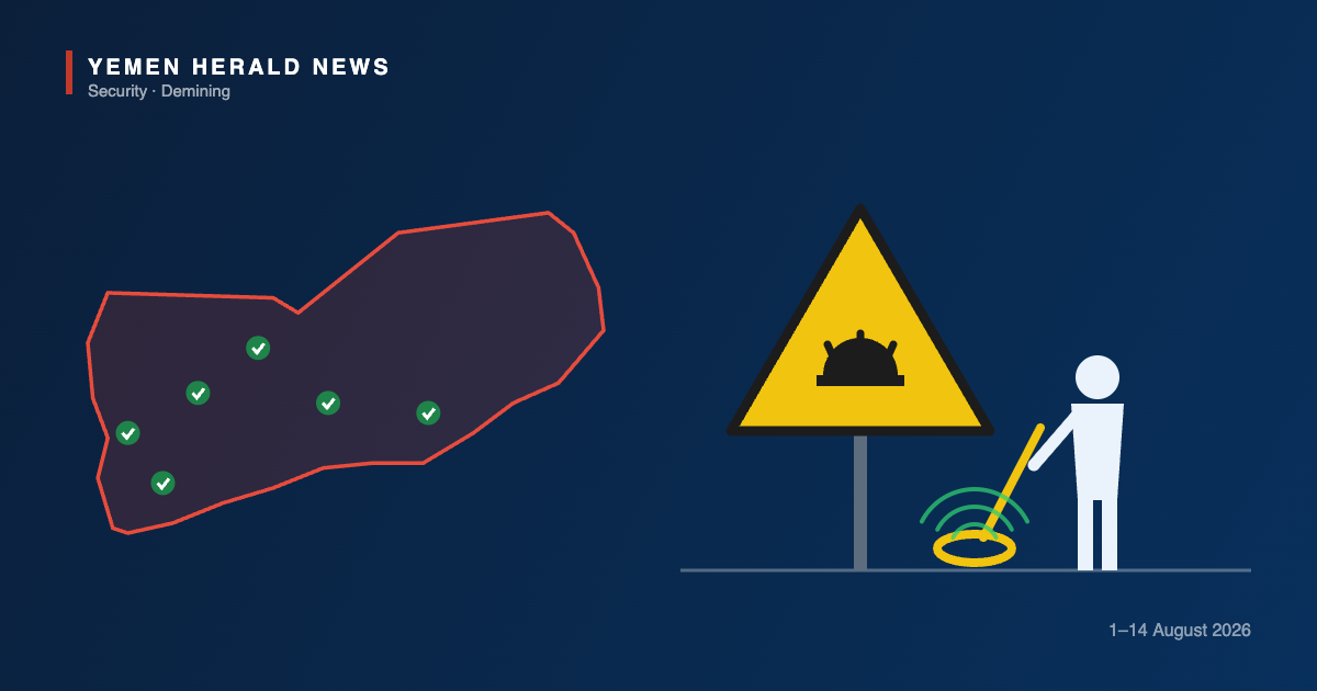 Illustration of Yemen with cleared-area markers, a landmine warning sign and a deminer using a metal detector