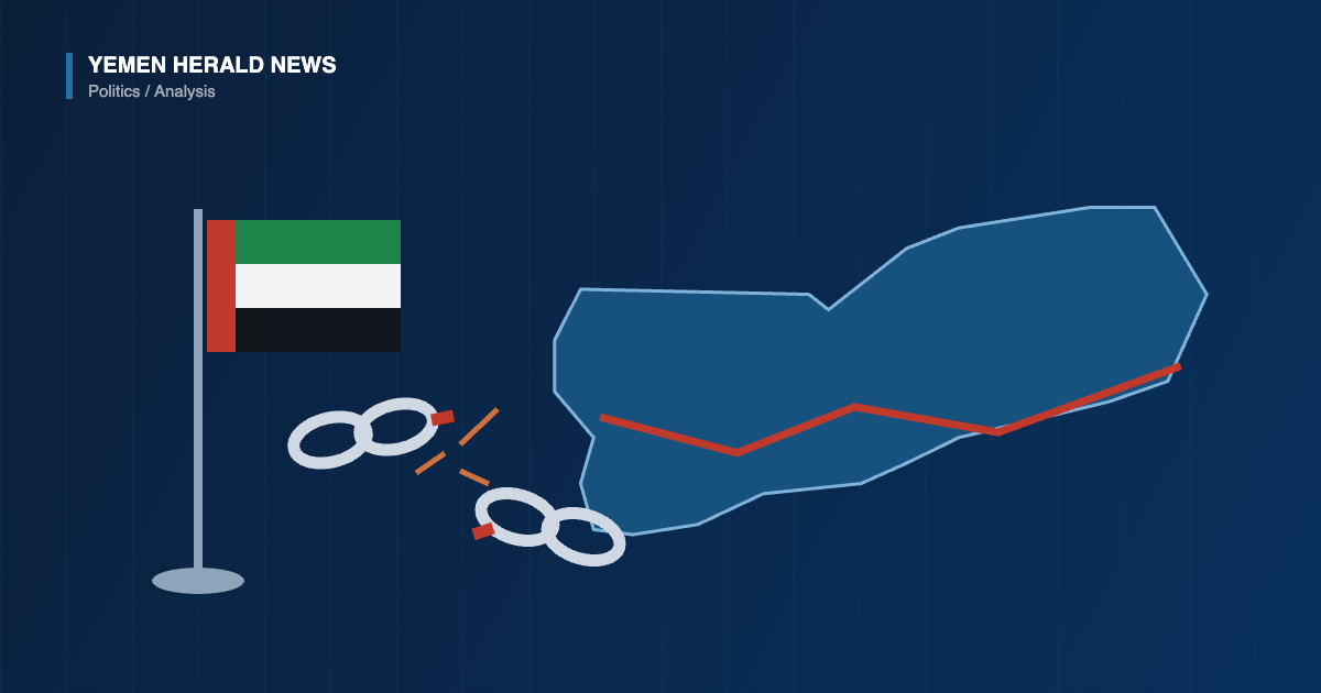 Illustration of the outline of Yemen with a red fracture line across the south, beside a United Arab Emirates flag linked to it by a snapped chain