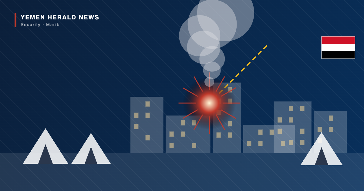 Editorial illustration of a missile strike on Marib city, with displacement tents in the foreground and the Yemeni flag