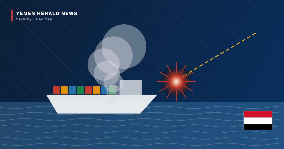 Editorial illustration of a cargo ship burning at Mokha port on the Red Sea after a missile strike, with the Yemeni flag