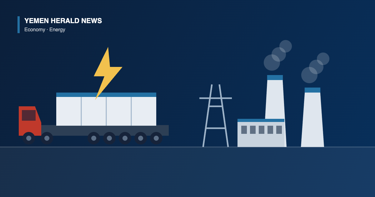 Editorial illustration of a heavy trailer carrying power generation equipment arriving at a power station with cooling stacks and a transmission pylon, marking the first shipment for Aden 100 megawatt emergency plant