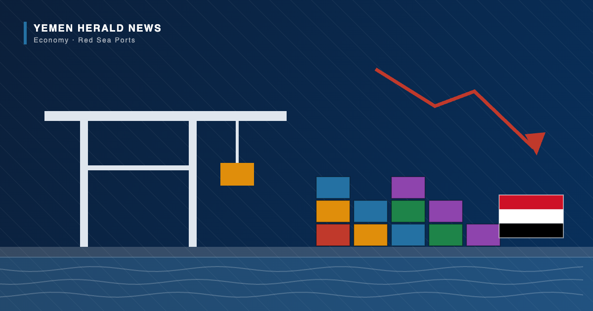 Editorial illustration of idle gantry cranes and stacked containers at a halted Yemeni Red Sea port beside a falling trade chart