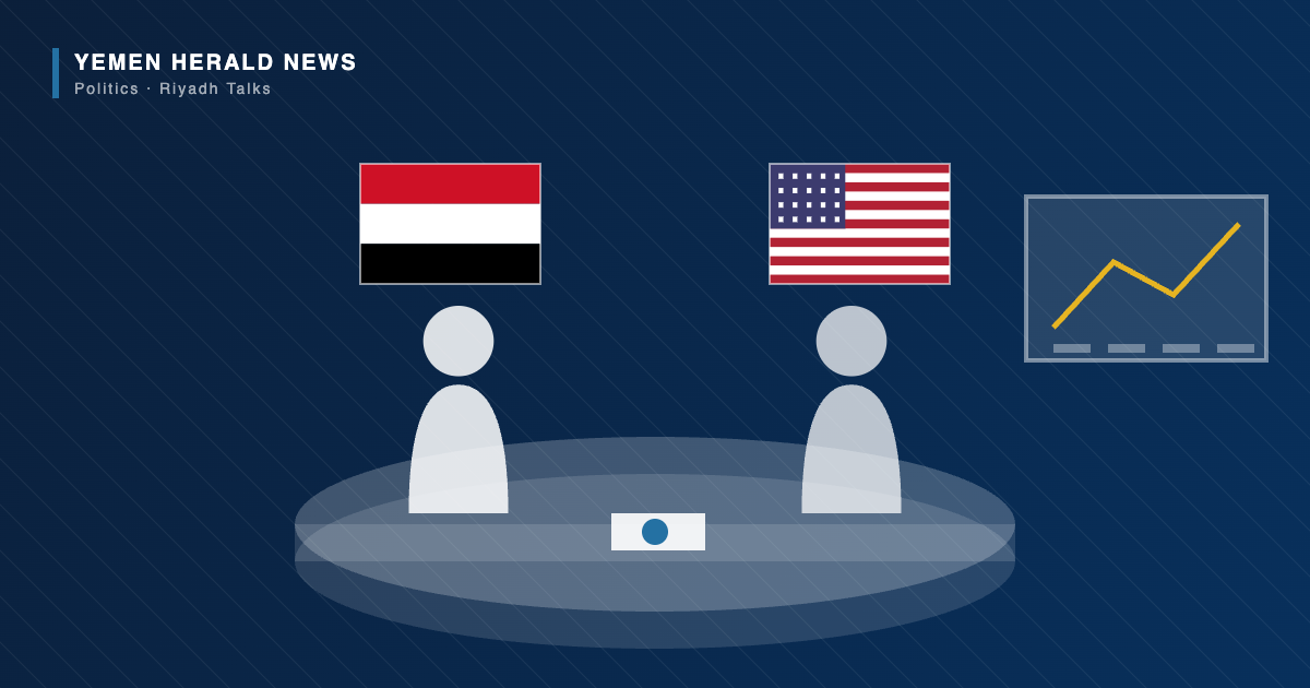 Editorial illustration of Yemeni and American officials in talks beneath their two flags, with a briefing chart displayed alongside