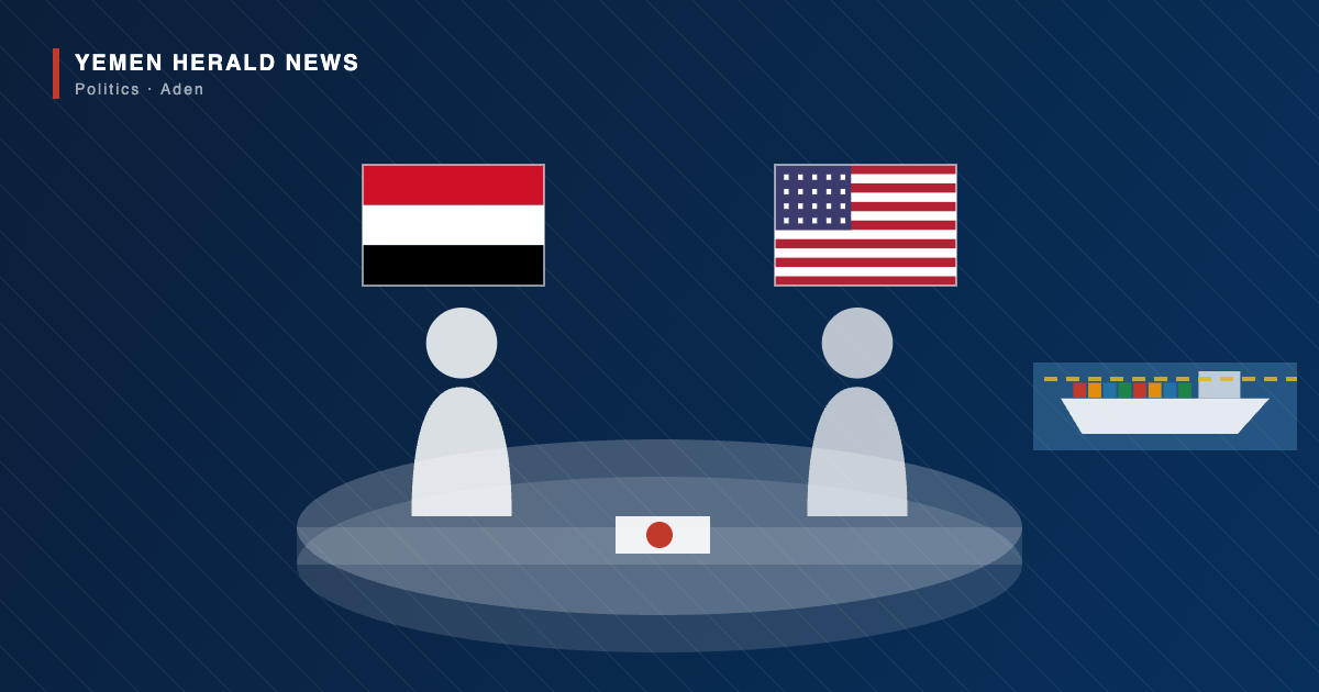 Editorial illustration of Yemeni and American officials meeting at a table beneath their two flags, with a cargo ship on a shipping lane alongside
