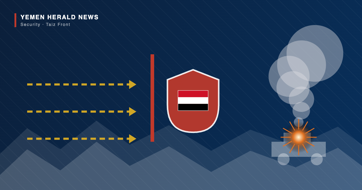 Editorial illustration of a defensive line on the mountainous Al-Barh front in Taiz blocking assault arrows, with a Yemeni flag shield and a burning vehicle