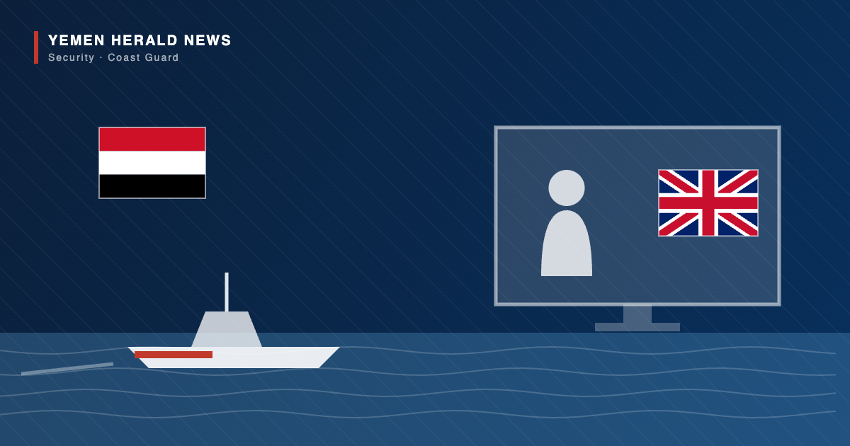 Editorial illustration of a Yemeni coast guard patrol boat at sea beside a video-call screen showing a British official and the Union Jack