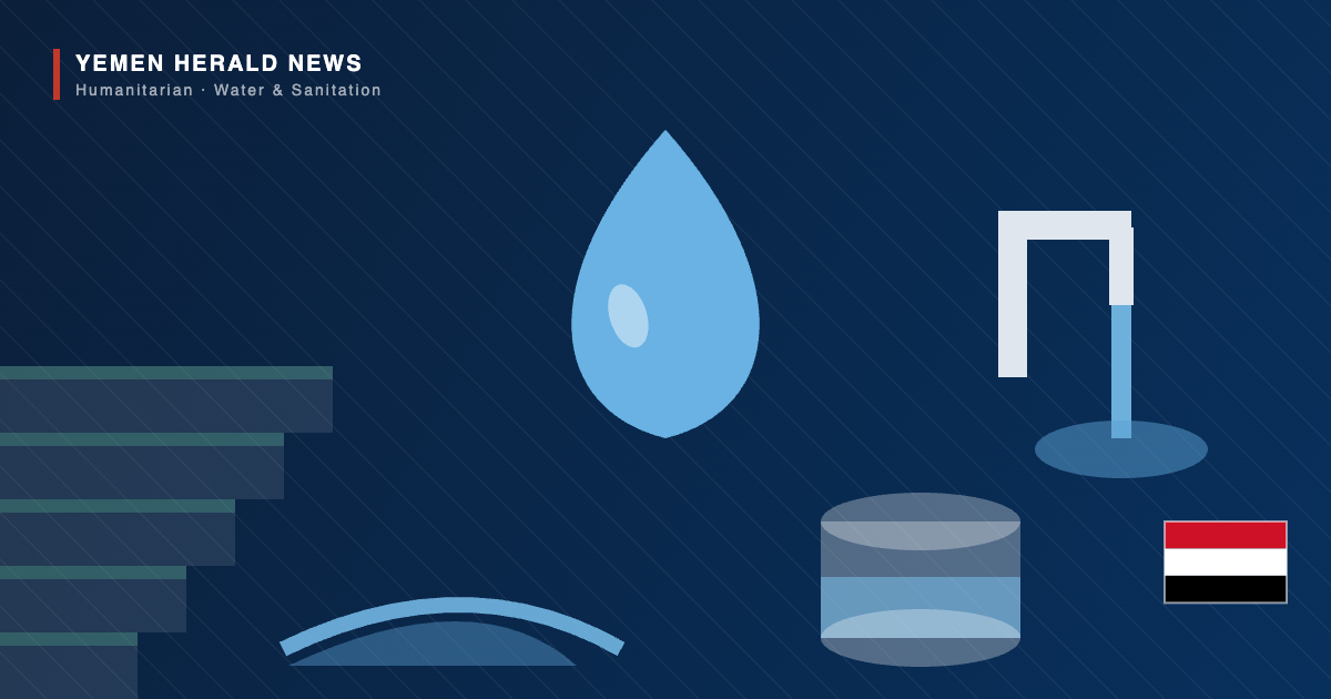 Editorial illustration of Yemeni water and sanitation infrastructure: a water droplet, a running tap, a storage tank and terraced wadi farmland
