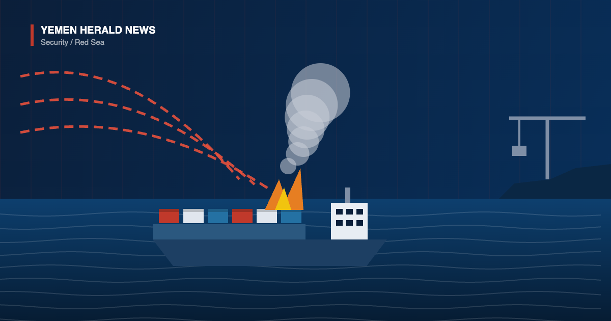 Illustration of a burning cargo ship on the Red Sea beside a port crane, with missile trails arcing in from the left