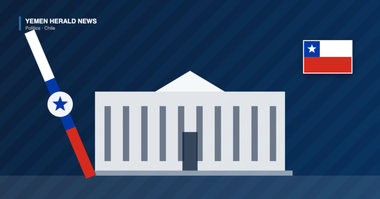 Illustration of a neoclassical government palace with columns and a pediment, a Chilean presidential sash with a star medallion, and the flag of Chile