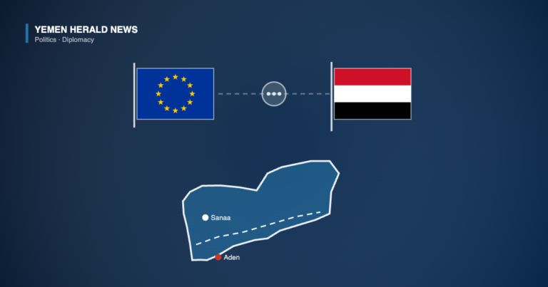 Illustration showing the European Union and Yemeni flags linked by a dialogue symbol above an outline map of Yemen marking Sanaa and Aden and the north-south divide