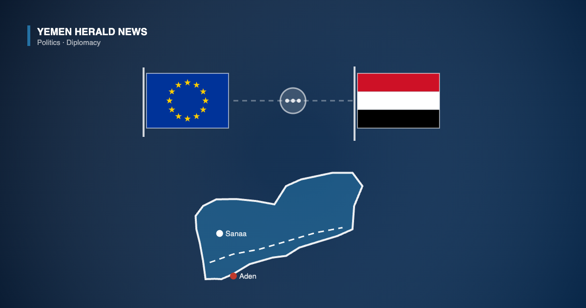 Illustration showing the European Union and Yemeni flags linked by a dialogue symbol above an outline map of Yemen marking Sanaa and Aden and the north-south divide