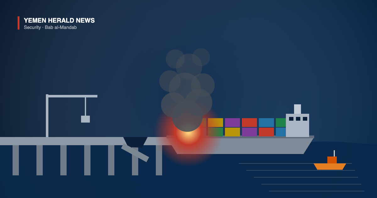 Illustration of a burning cargo ship alongside a damaged pier at Mokha port on Yemen's Red Sea coast
