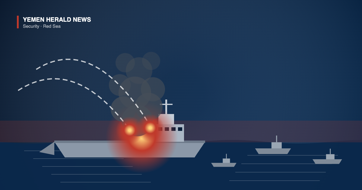 Illustration of a burning military landing ship in the Red Sea with escort boats nearby and missile trails arcing in from the Yemeni coast
