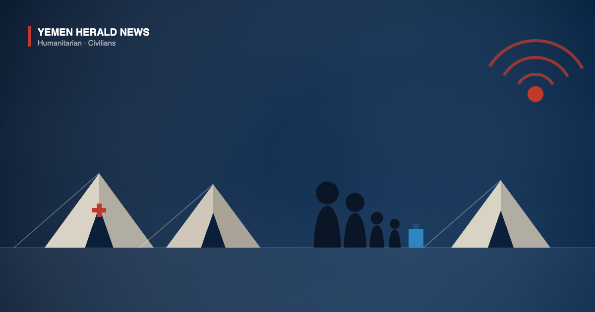 Illustration of a displacement camp in Yemen with tents, a family group, a water container and a medical marker, beside an alert symbol representing renewed hostilities