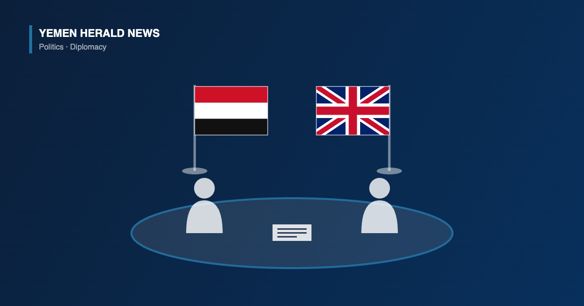 Illustration of the flags of Yemen and the United Kingdom above a meeting table with two seated figures and a document, representing video-conference talks on supporting Yemeni women
