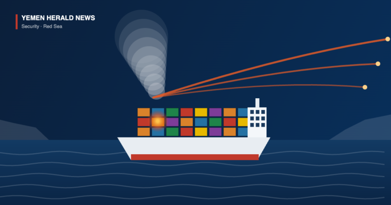 Editorial illustration of a cargo ship burning in the Red Sea with missile trails converging on it near the Bab al-Mandab Strait