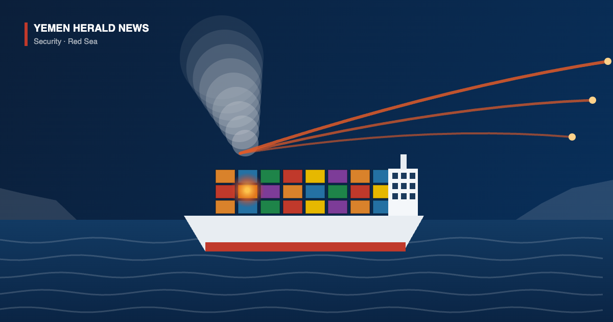 Editorial illustration of a cargo ship burning in the Red Sea with missile trails converging on it near the Bab al-Mandab Strait