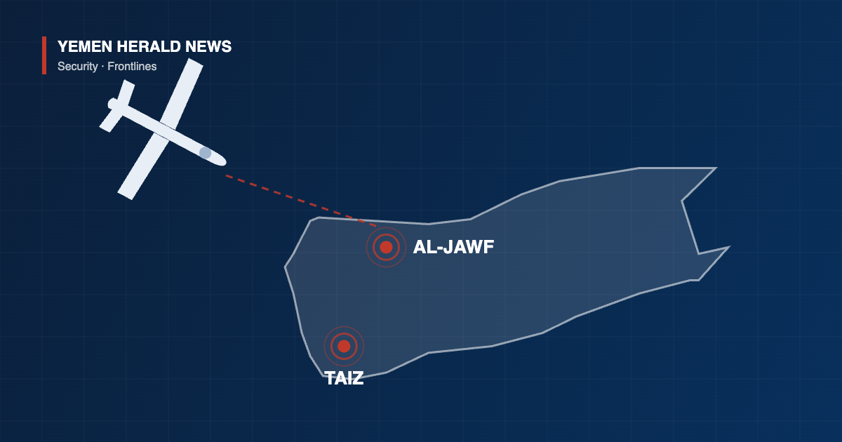 Illustrated map of Yemen marking al-Jawf and Taiz, with a military drone silhouette on a targeting line towards al-Jawf
