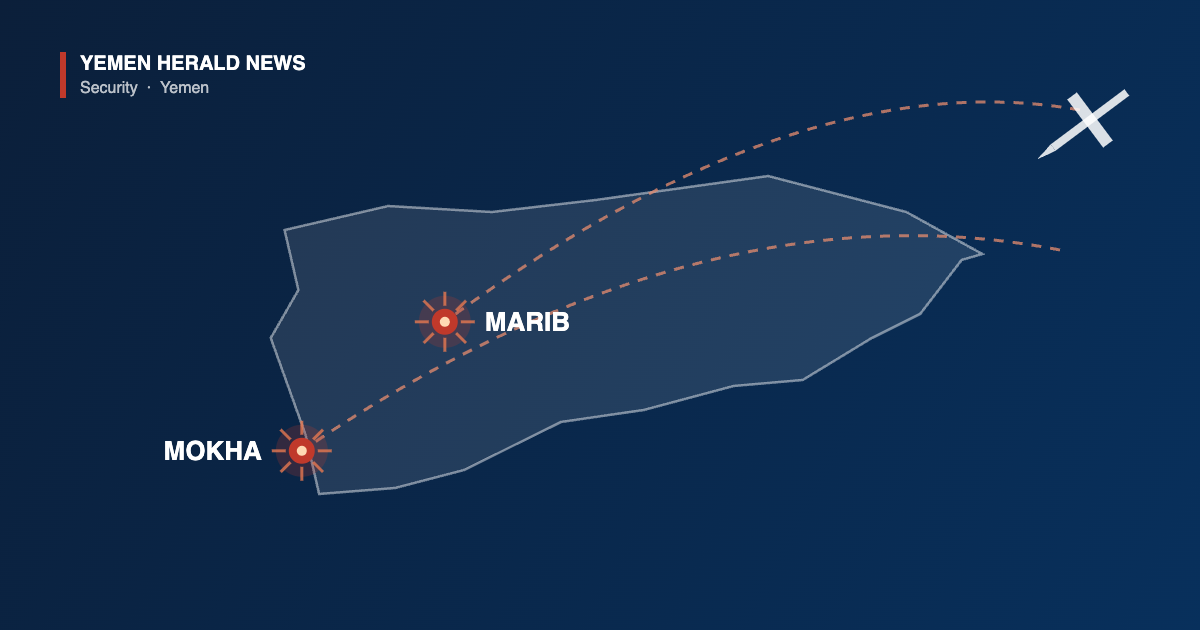 Map illustration of Yemen marking reported missile and drone strikes on Mokha on the Red Sea coast and Marib inland, with dashed incoming flight trails and a drone silhouette