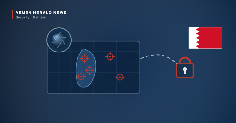Illustration of a camera lens above a map plate showing an island outline with crosshair markers on sites, a dashed transmission line leading to a padlock, and the flag of Bahrain