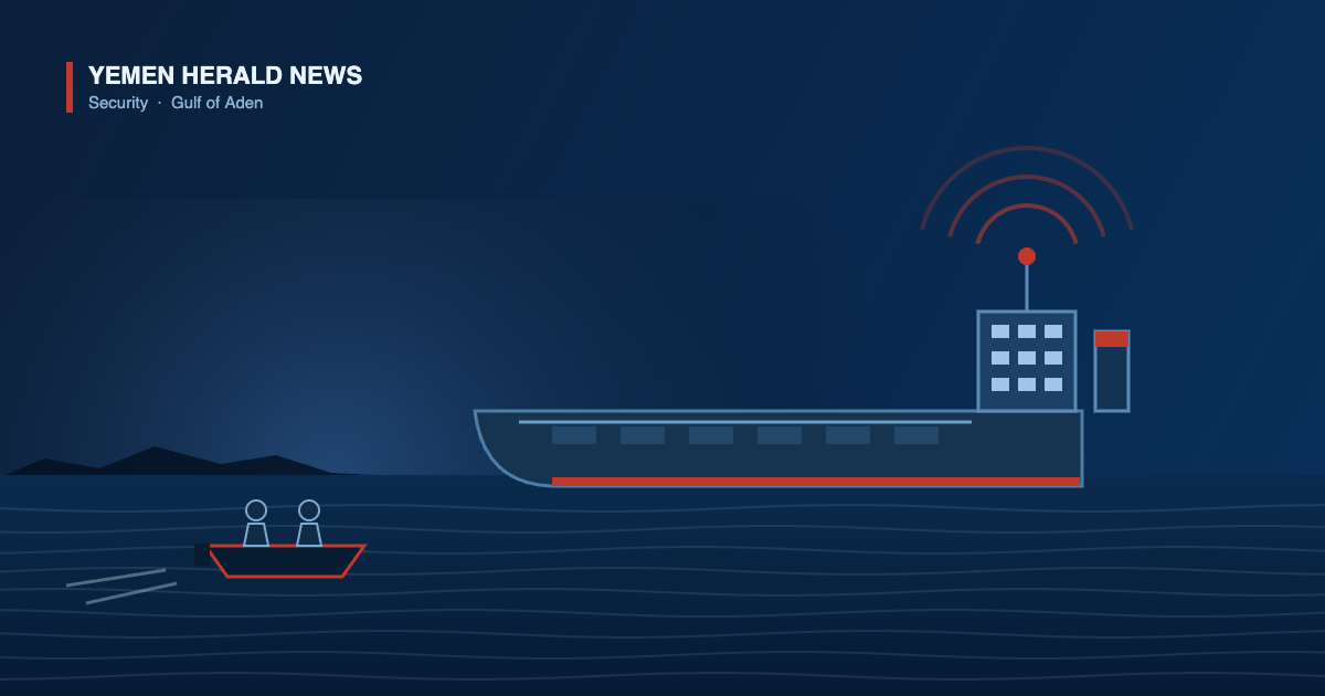 Illustration of a product tanker in the Gulf of Aden broadcasting a distress signal as a small skiff carrying armed men approaches, with the Yemeni coastline in the distance