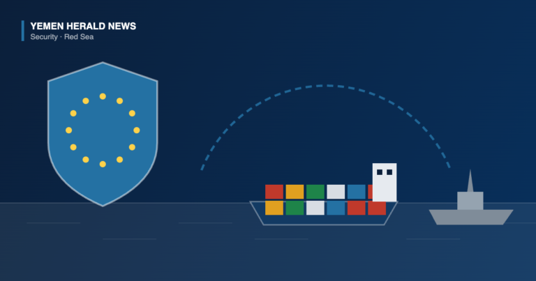 Illustration of an EU shield with a ring of stars beside a container ship escorted by a warship