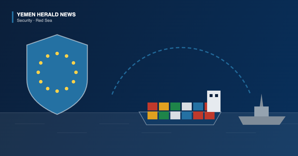 Illustration of an EU shield with a ring of stars beside a container ship escorted by a warship