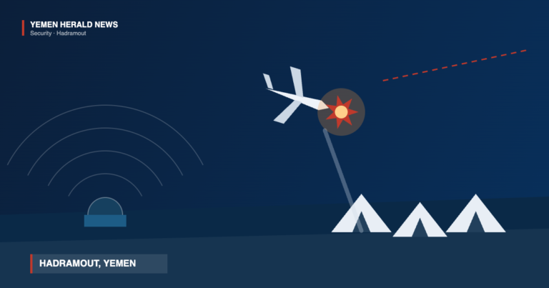 Illustration of an air defence radar dome tracking a drone hit by an intercept burst above a desert tent camp in Hadramout, Yemen