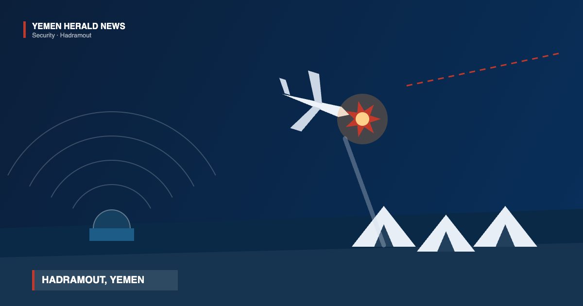 Illustration of an air defence radar dome tracking a drone hit by an intercept burst above a desert tent camp in Hadramout, Yemen