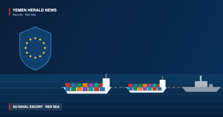 Illustration of an EU naval warship escorting two container ships through the Red Sea, with the European Union shield of twelve stars