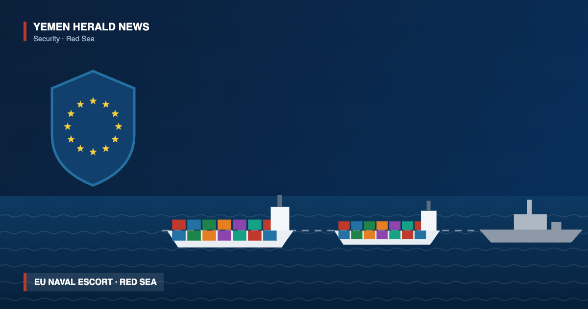 Illustration of an EU naval warship escorting two container ships through the Red Sea, with the European Union shield of twelve stars