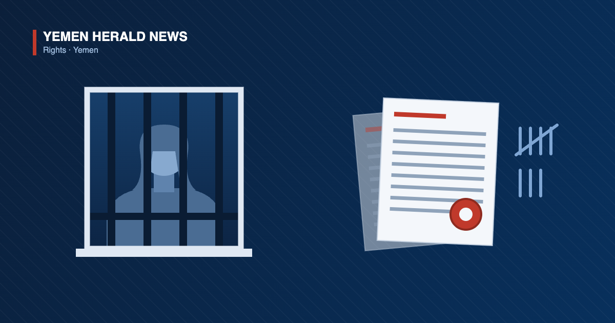 Illustration of a headscarved figure behind a barred window beside stacked human rights reports bearing a red seal