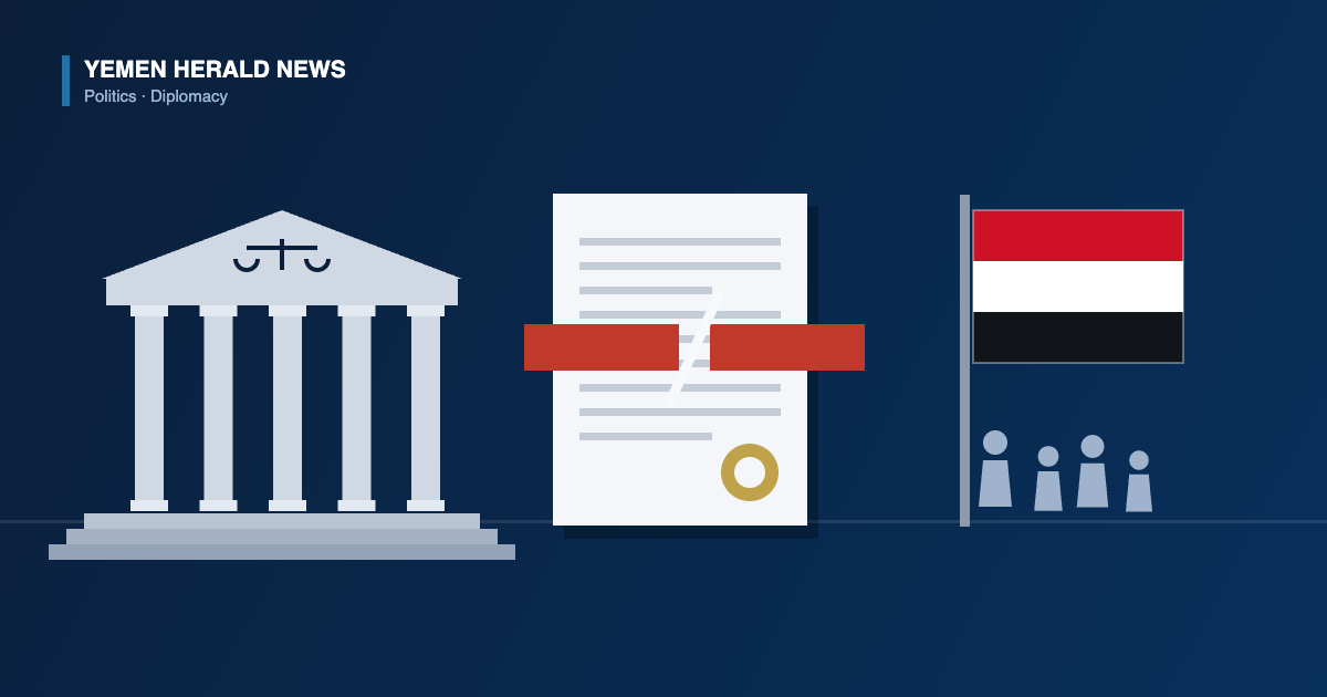 Illustration of a courthouse, an official document with a red restriction bar cut in two, and the Yemeni flag with family silhouettes