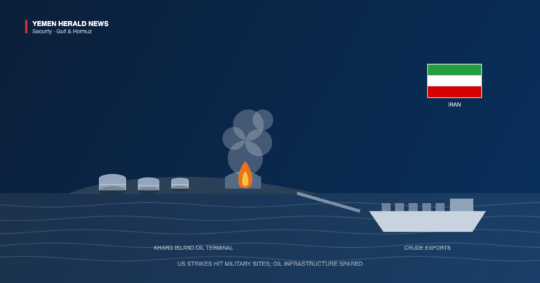 Illustration of Kharg Island oil terminal with storage tanks, a burning military installation, a jetty leading to a loading tanker and the flag of Iran