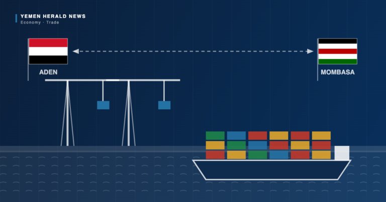 Editorial illustration: the Yemeni and Kenyan flags labelled Aden and Mombasa, joined by a two-way arrow above container cranes and a loaded container ship.