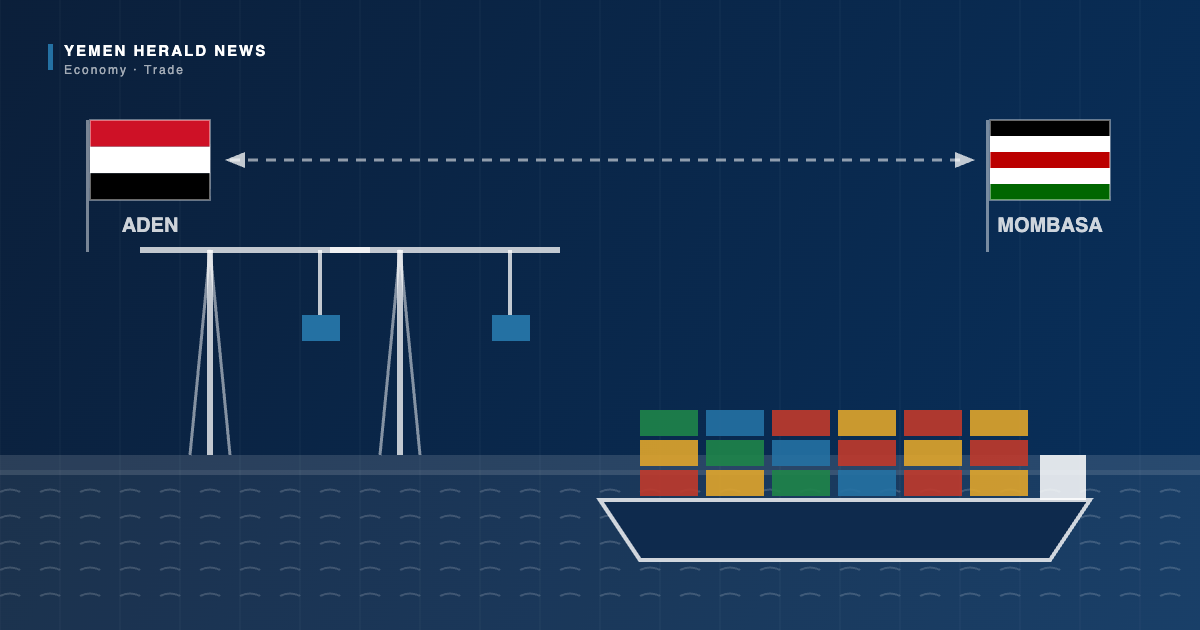 Editorial illustration: the Yemeni and Kenyan flags labelled Aden and Mombasa, joined by a two-way arrow above container cranes and a loaded container ship.