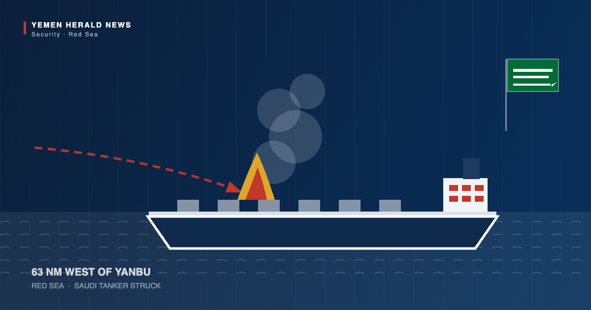 Editorial illustration: an incoming missile trail ending in a deck fire aboard an oil tanker in the Red Sea, with a Saudi flag alongside and the label 63 nautical miles west of Yanbu.
