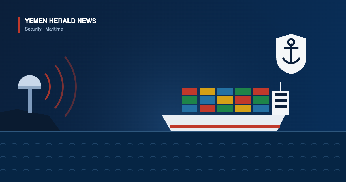 Illustration of a coastal radar station tracking a container ship at sea beside an anchor shield, representing Red Sea and Gulf of Aden maritime law enforcement cooperation.