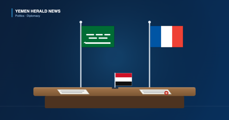 Illustration of Saudi Arabian and French flags flanking a meeting table bearing a Yemeni desk flag and a sealed joint statement document