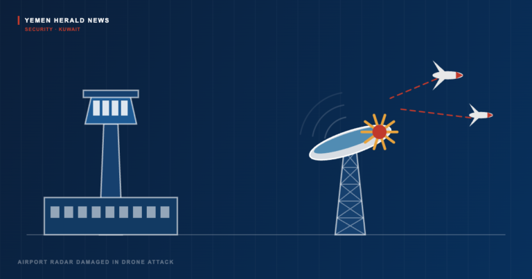 Editorial illustration of an airport control tower and terminal beside a radar mast whose dish is struck by an explosion, with two drones approaching