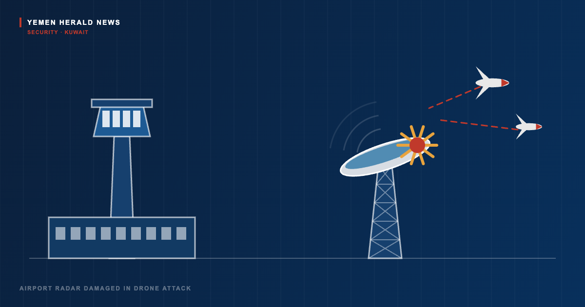 Editorial illustration of an airport control tower and terminal beside a radar mast whose dish is struck by an explosion, with two drones approaching