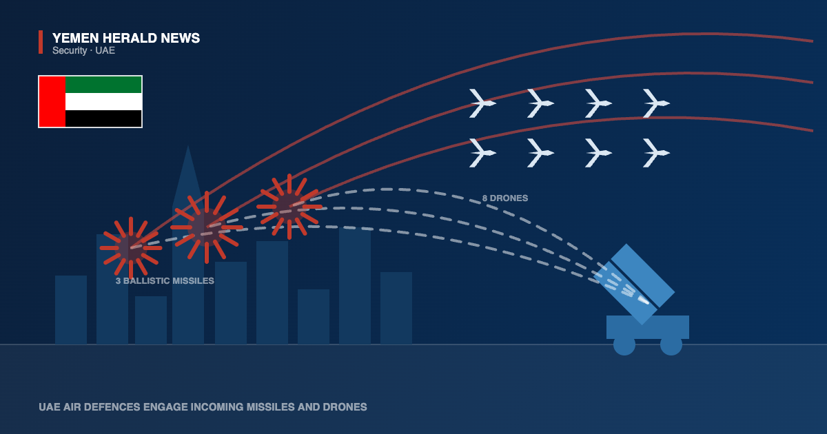 Editorial illustration: an air-defence launcher beside a Gulf city skyline, three ballistic missile tracks destroyed by interceptors and eight drone silhouettes approaching, with the UAE flag