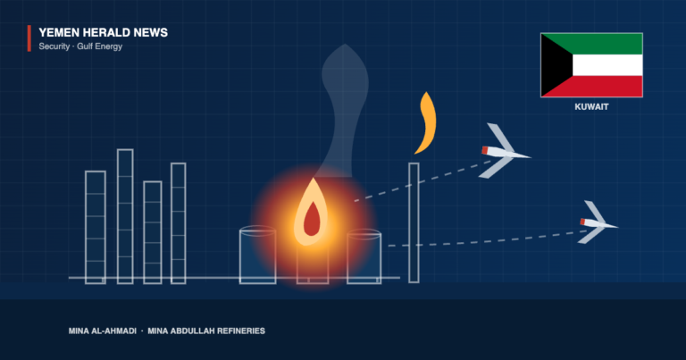 Editorial illustration: a fire burning among storage tanks at an oil refinery with distillation columns and a flare stack, two attack drones approaching, and the flag of Kuwait