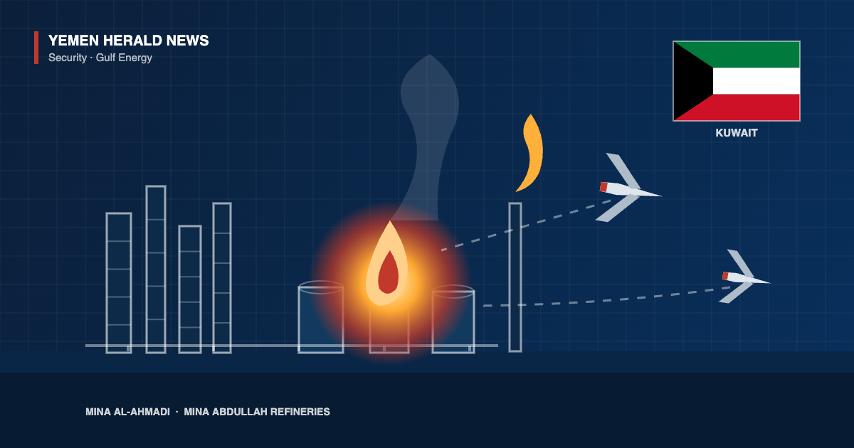 Editorial illustration: a fire burning among storage tanks at an oil refinery with distillation columns and a flare stack, two attack drones approaching, and the flag of Kuwait