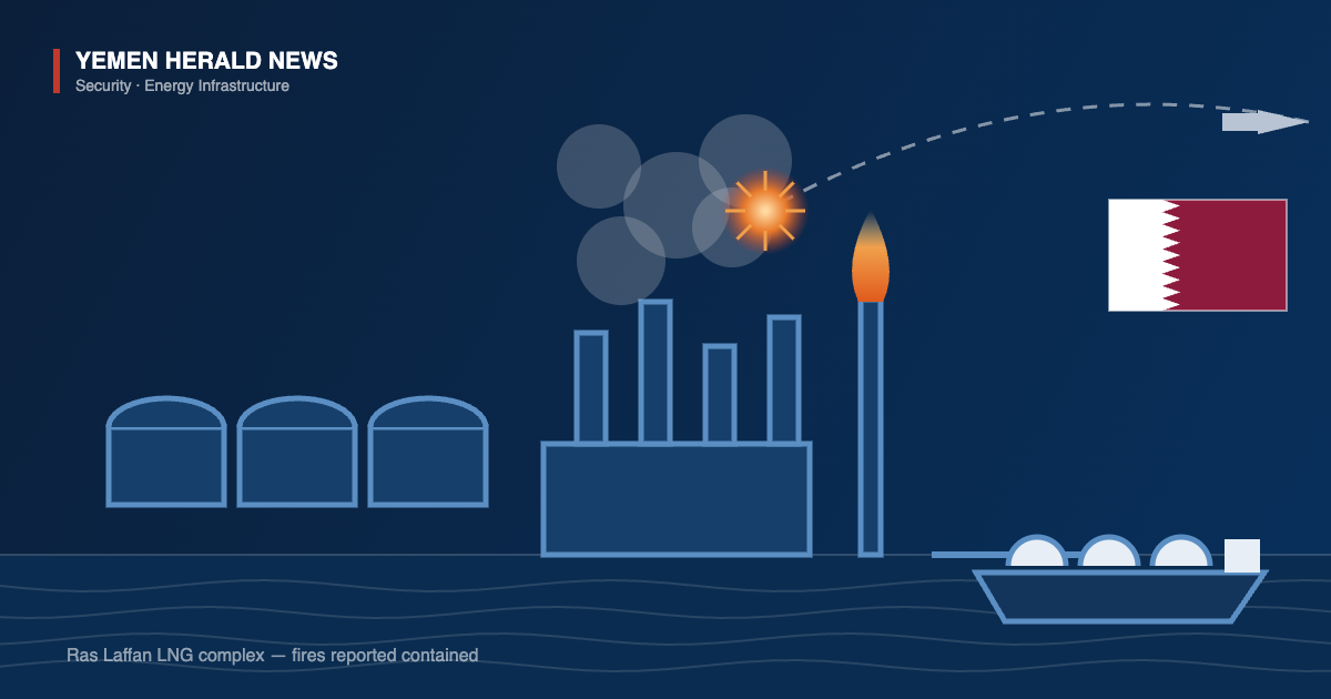 Editorial illustration of the Ras Laffan LNG complex with storage tanks, liquefaction trains, a flare stack and an LNG carrier at a jetty, with residual smoke and a missile trail overhead beside the Qatari flag