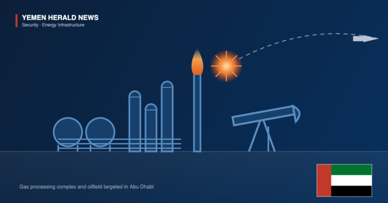 Editorial illustration of a gas processing complex with storage spheres, distillation columns and a lit flare stack beside an oilfield pumpjack, with an incoming missile intercepted overhead and the UAE flag