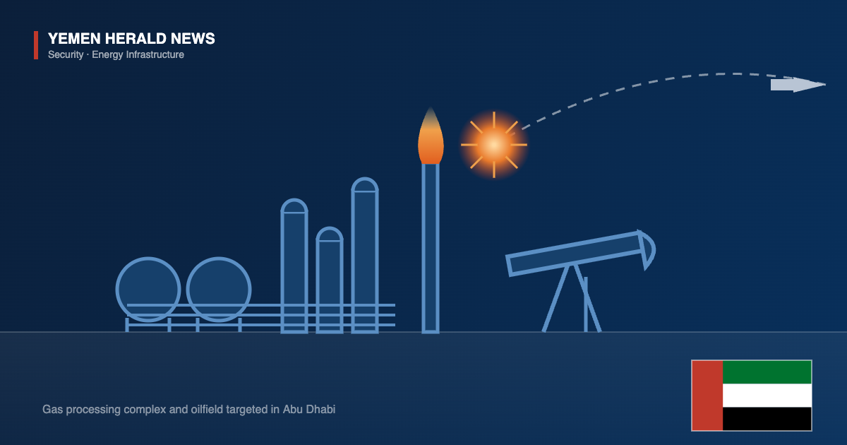 Editorial illustration of a gas processing complex with storage spheres, distillation columns and a lit flare stack beside an oilfield pumpjack, with an incoming missile intercepted overhead and the UAE flag