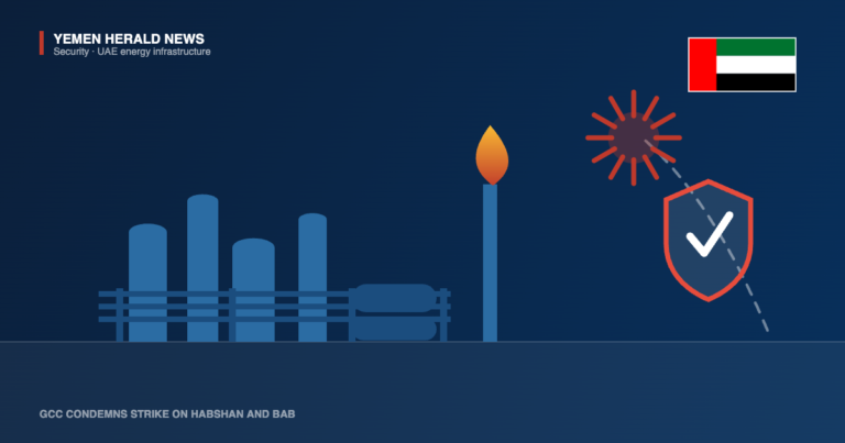 Editorial illustration: a gas processing complex with distillation columns, pipe racks and a lit flare stack, an incoming missile destroyed by an interceptor above it, a protective shield, and the UAE flag